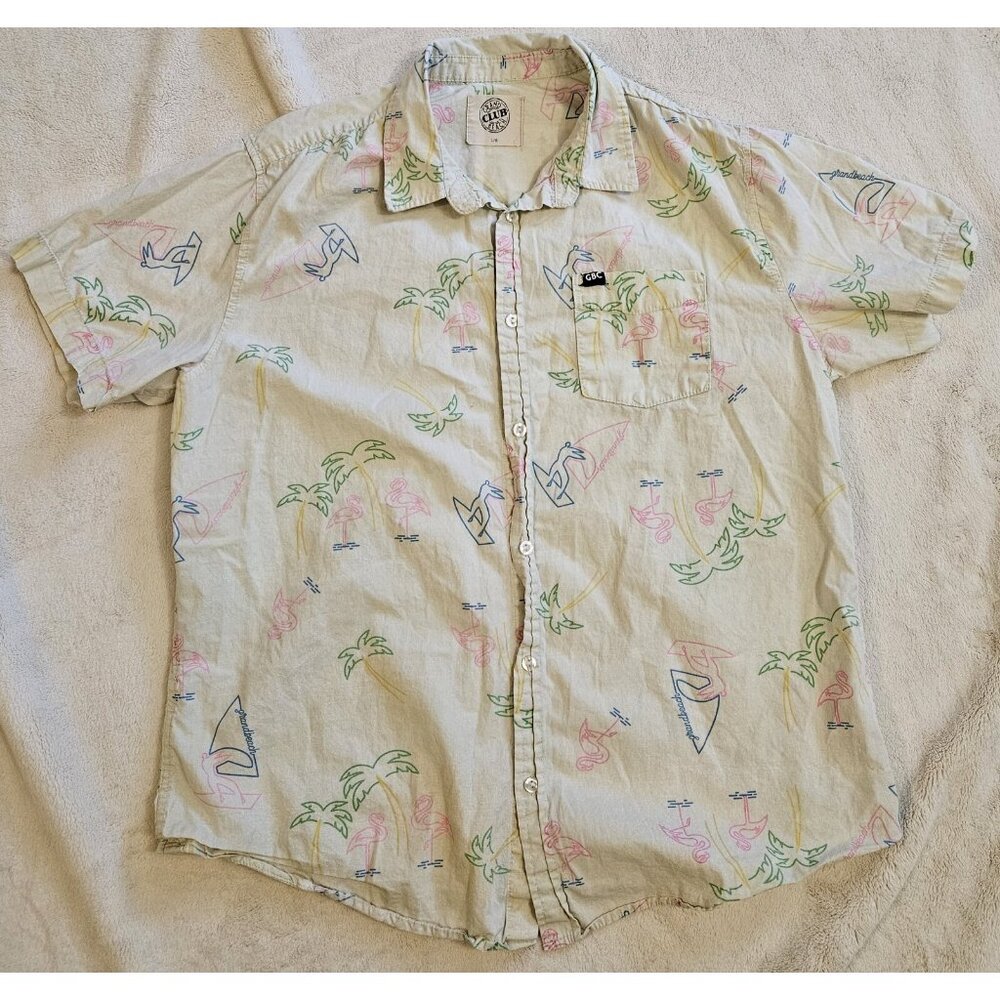 Grand Beach Club Hawaiian Button Up Shirt Mens Large Flamingo Surfer Palm Tree